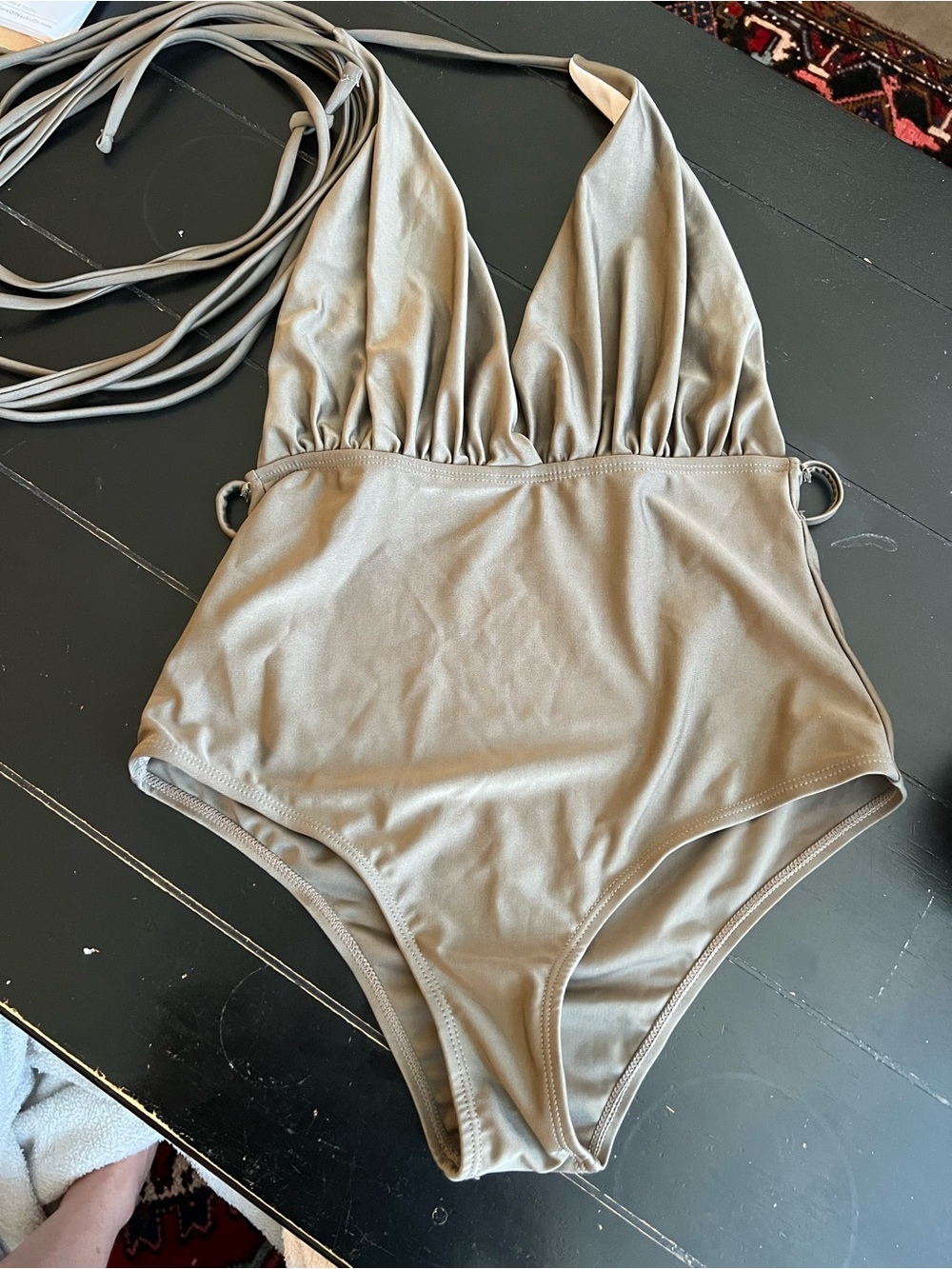 Deep V One-Piece Swimsuit in Taupe